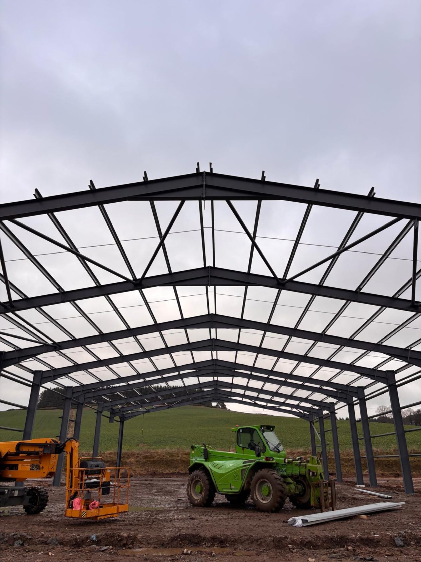 Construction-stage steel frame of the 10,000 sq ft industrial building