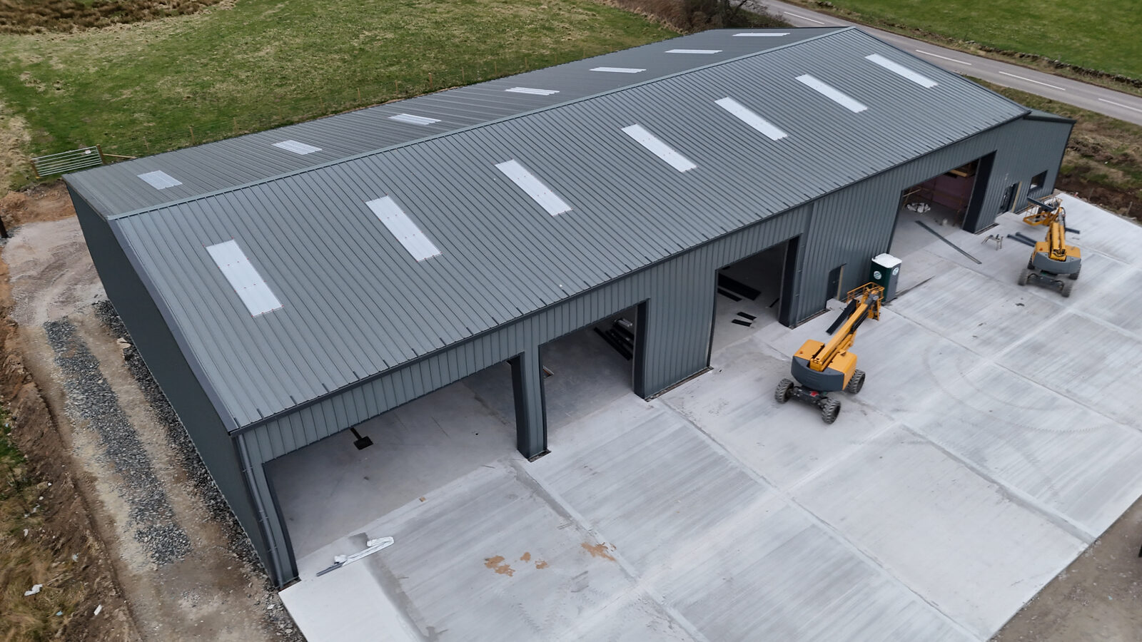 Aerial view of the completed 10,000 sq ft industrial building